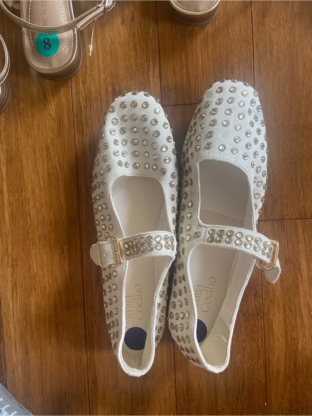 Embellished White Mary Jane Flats with Gold Studs